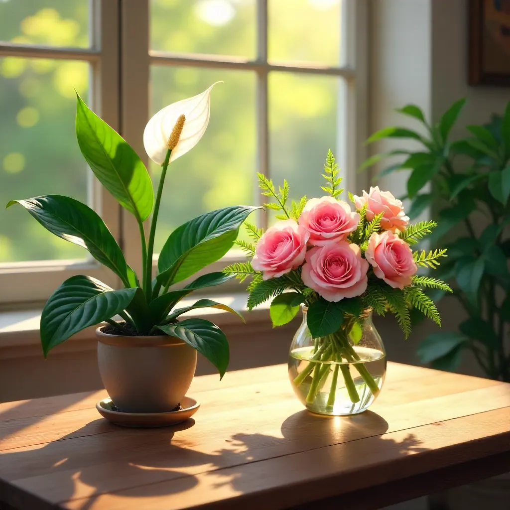 Sunlit Table Garden: Peace Lily and Pink Roses