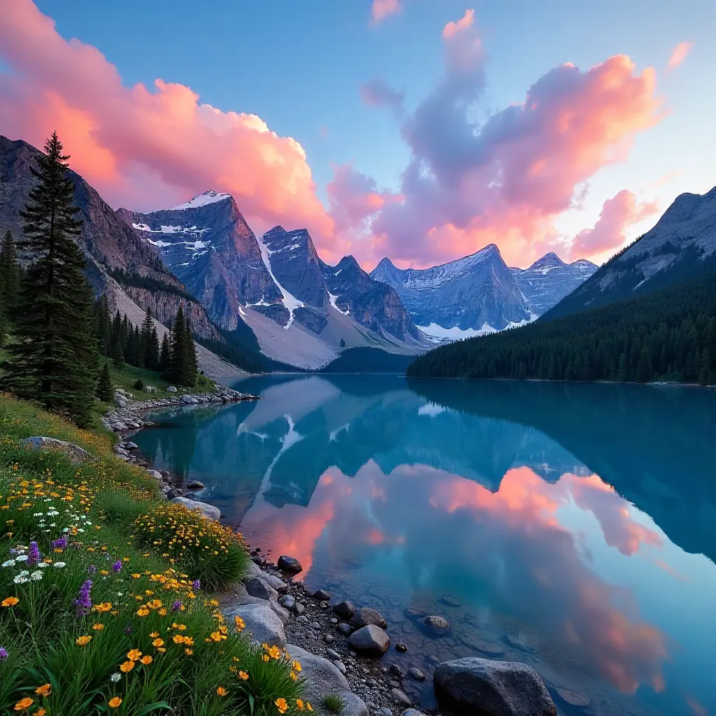 Expansive Tranquil Mountain Lake Panorama