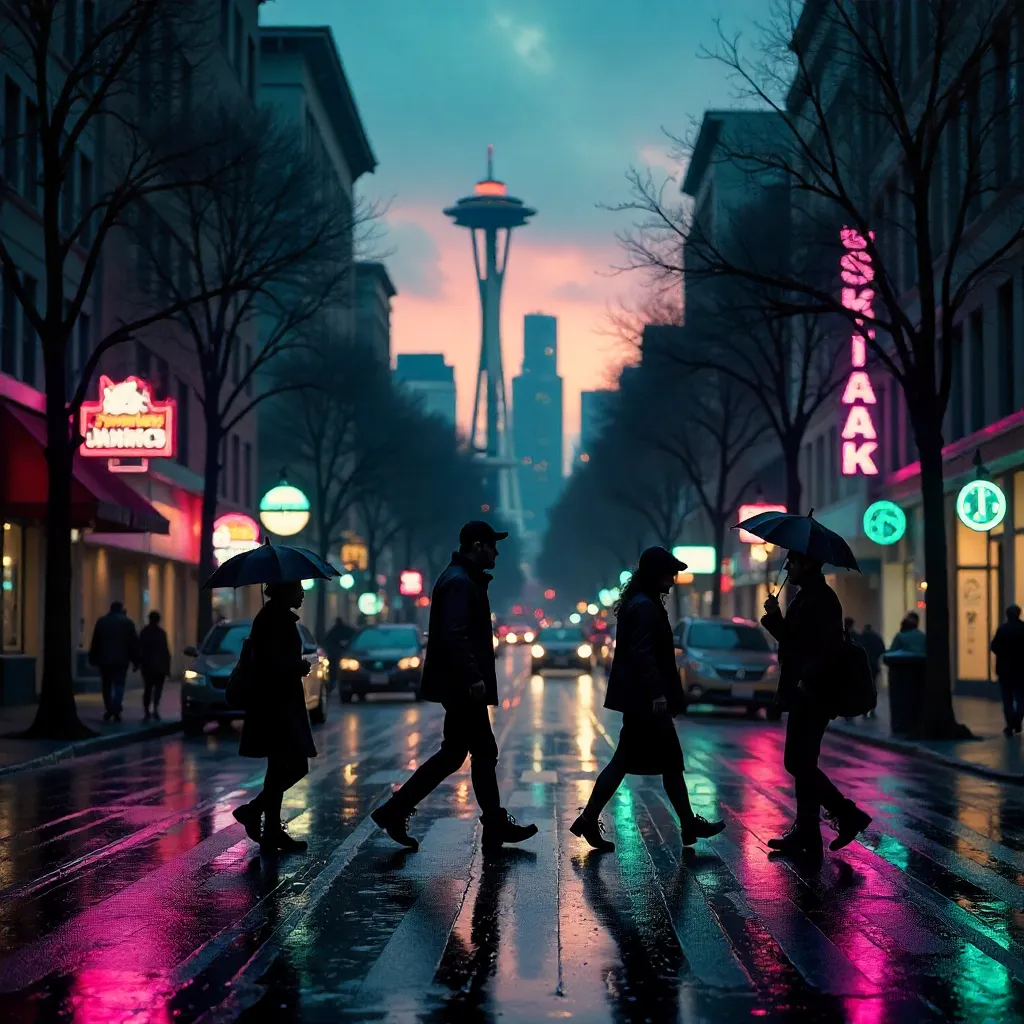 Dusk Silhouettes Crossing a Seattle Street