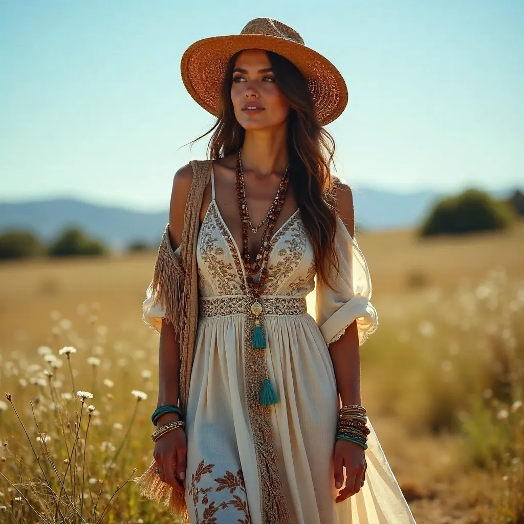 Elegant Bohemian Woman Under a Clear Summer Sky