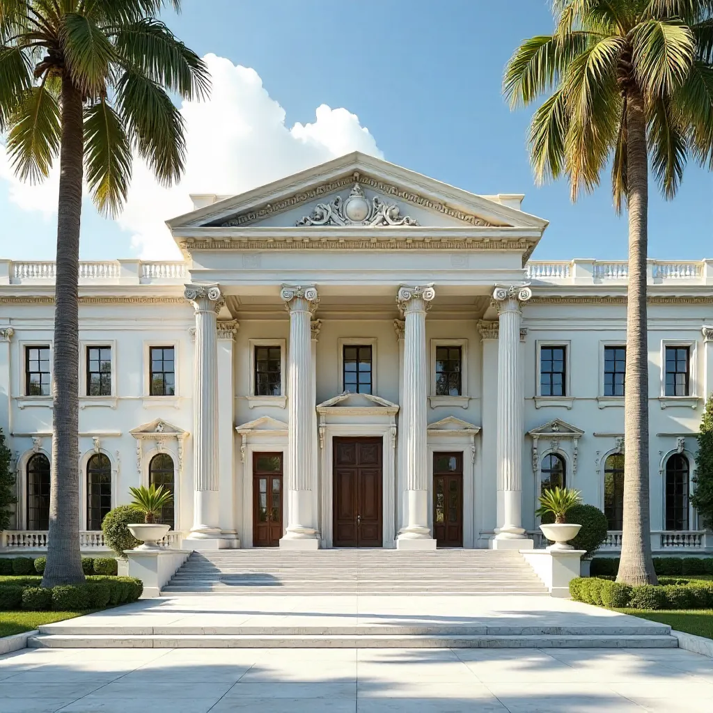 Elegant Neoclassical Building Framed by Palm Trees