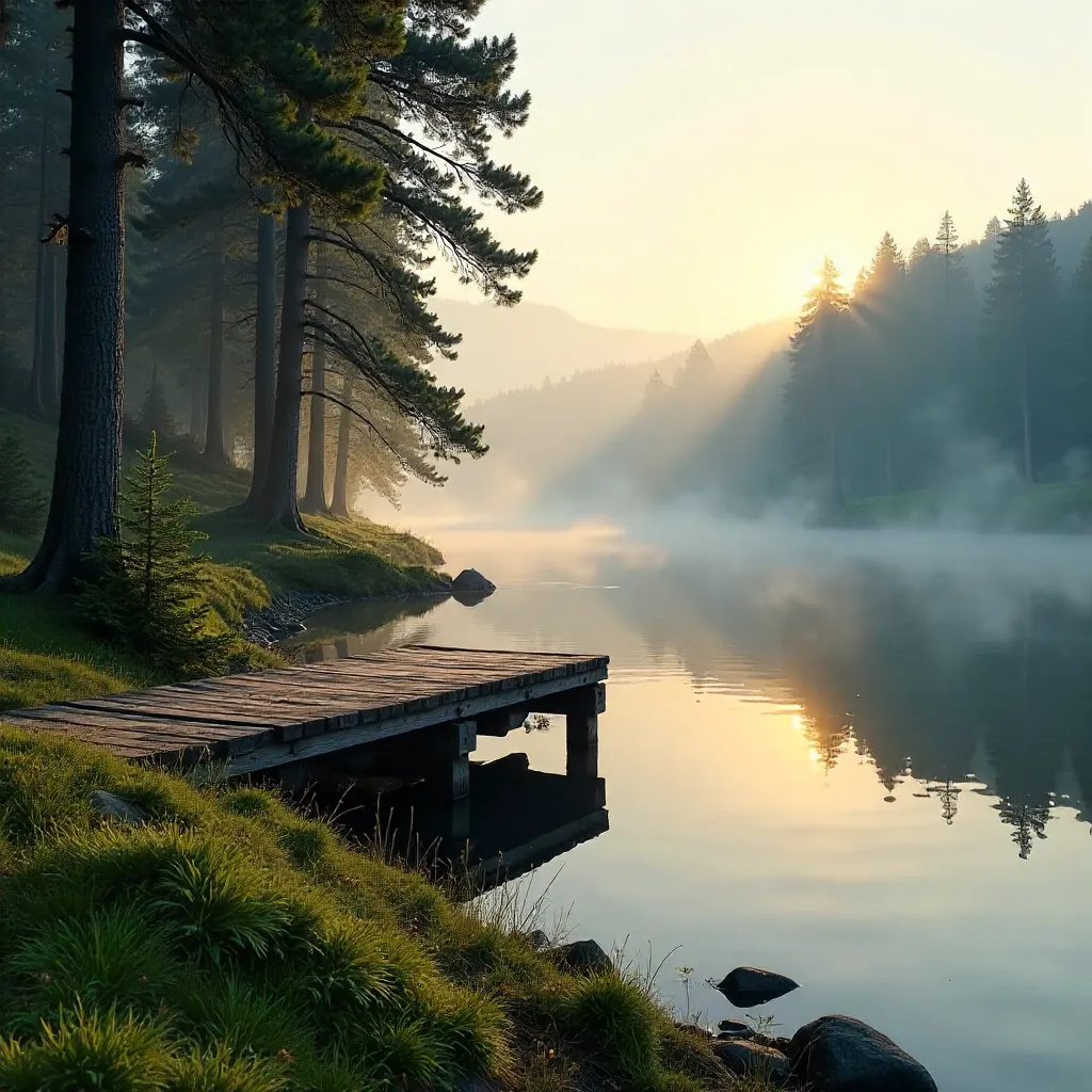 Lakeside Serenity: Dock Reflections in the Forest