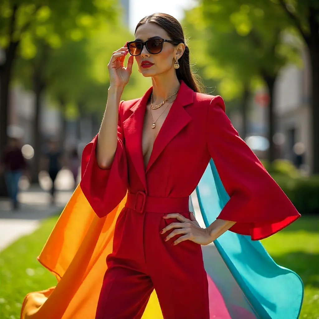 Bold Red Fashion Outdoors with Colorful Fabric Swirl
