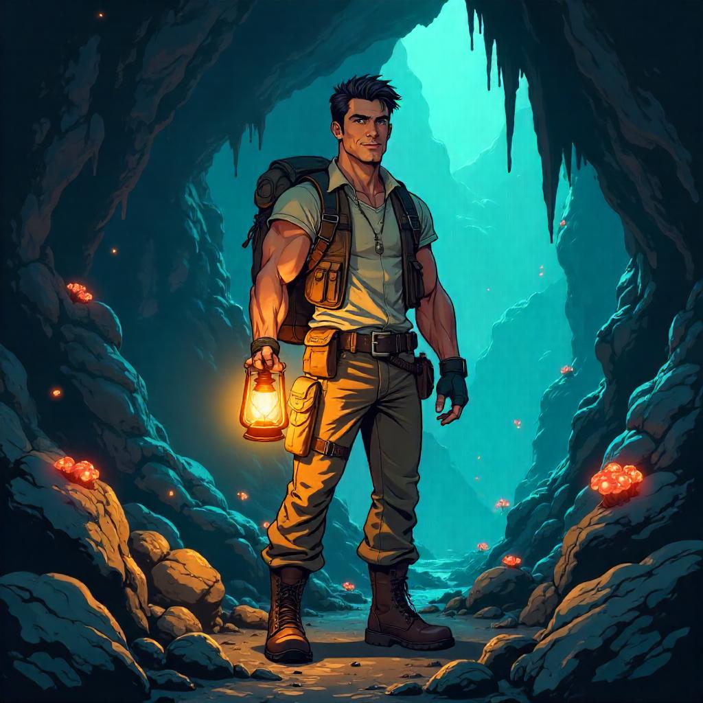 Handsome Cartoon Explorer in a Glowing Cave
