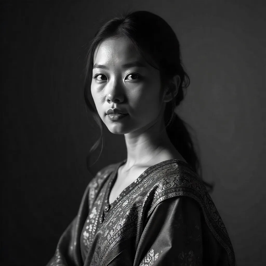 Serene Black-and-White Portrait in Traditional Attire
