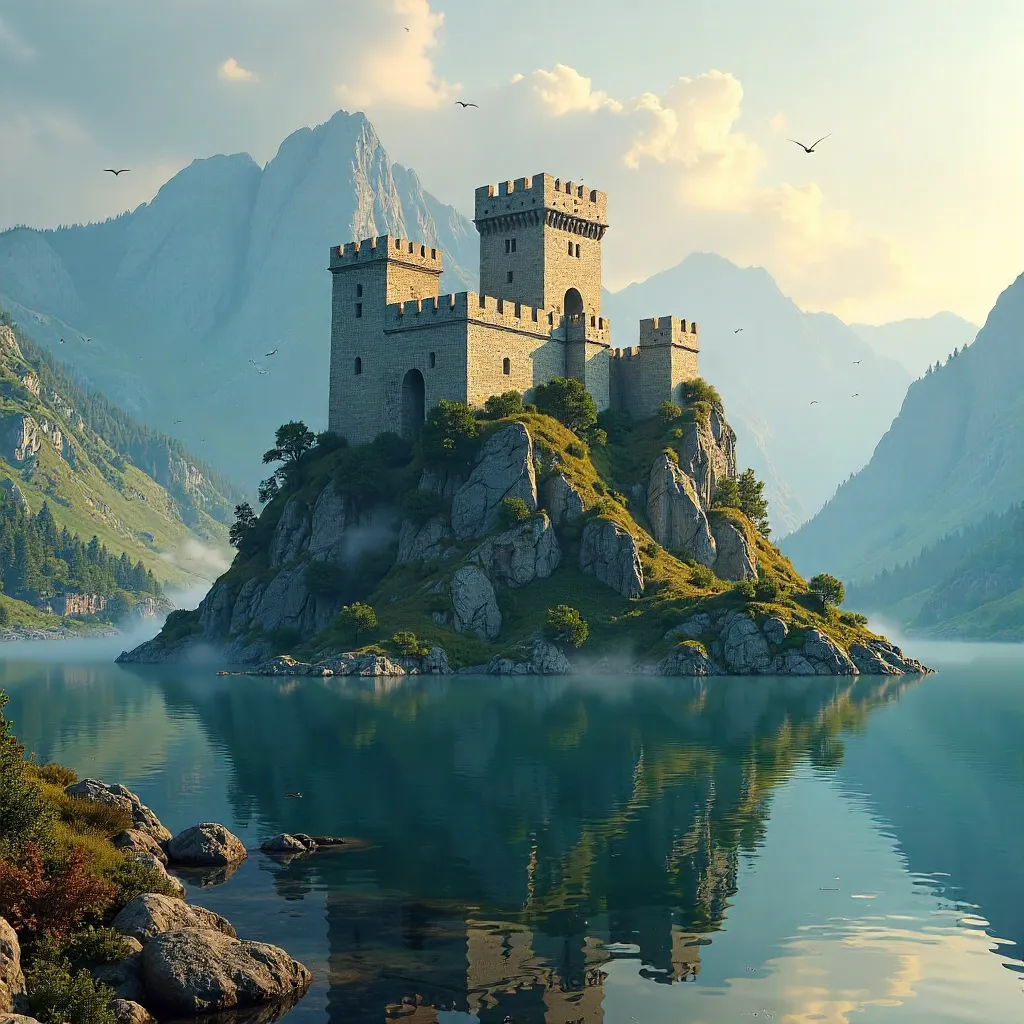Ancient Fortress on a Misty Hill Above Serene Waters