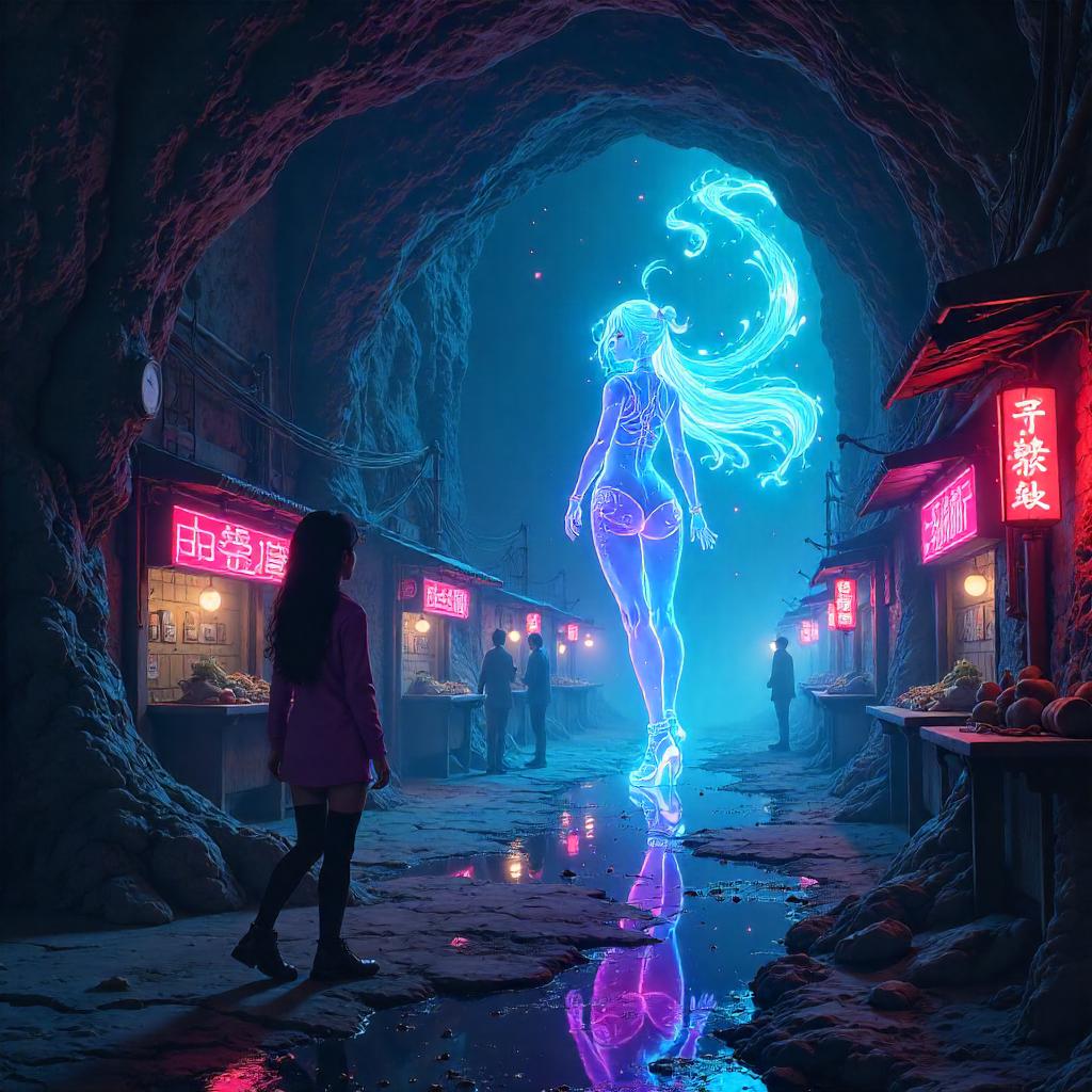 Holographic Neon in an Underground Anime City
