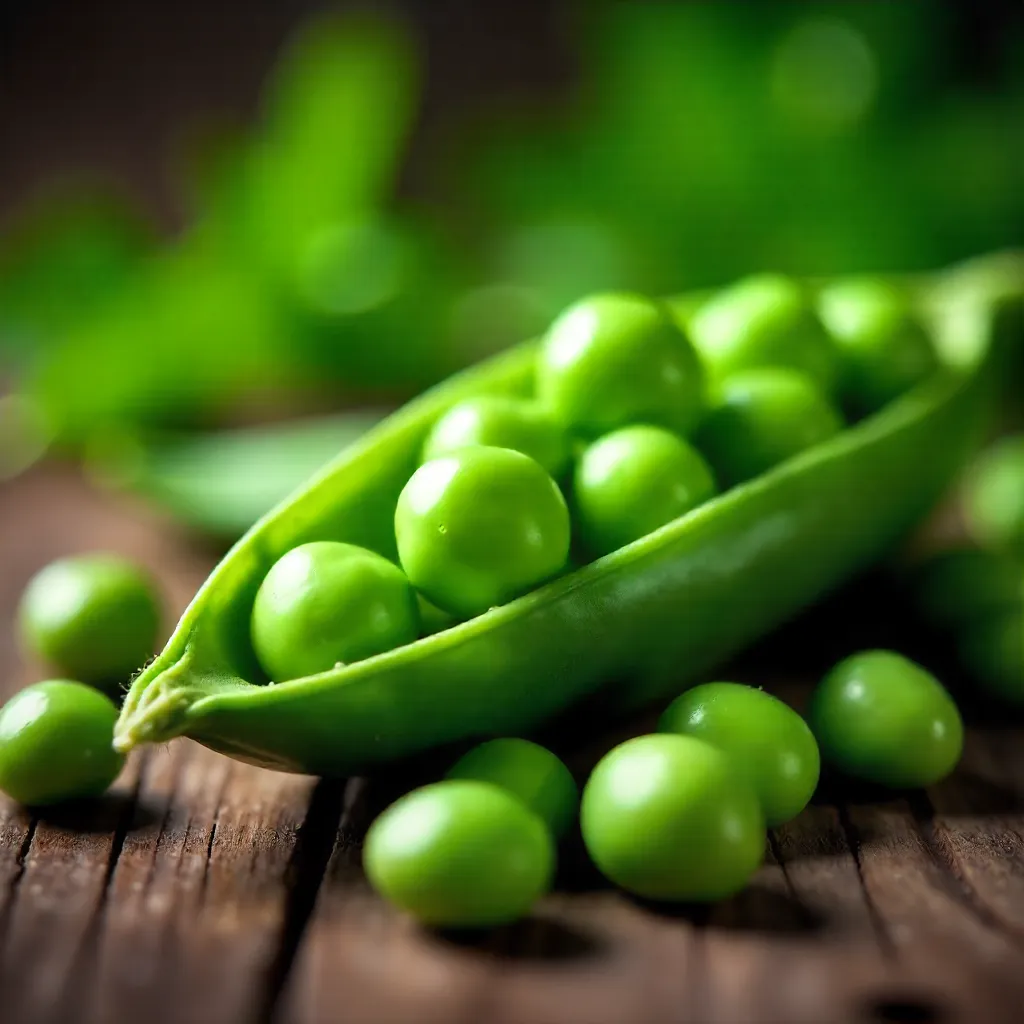 Macro close-up: fresh green peas in pod with loose peas