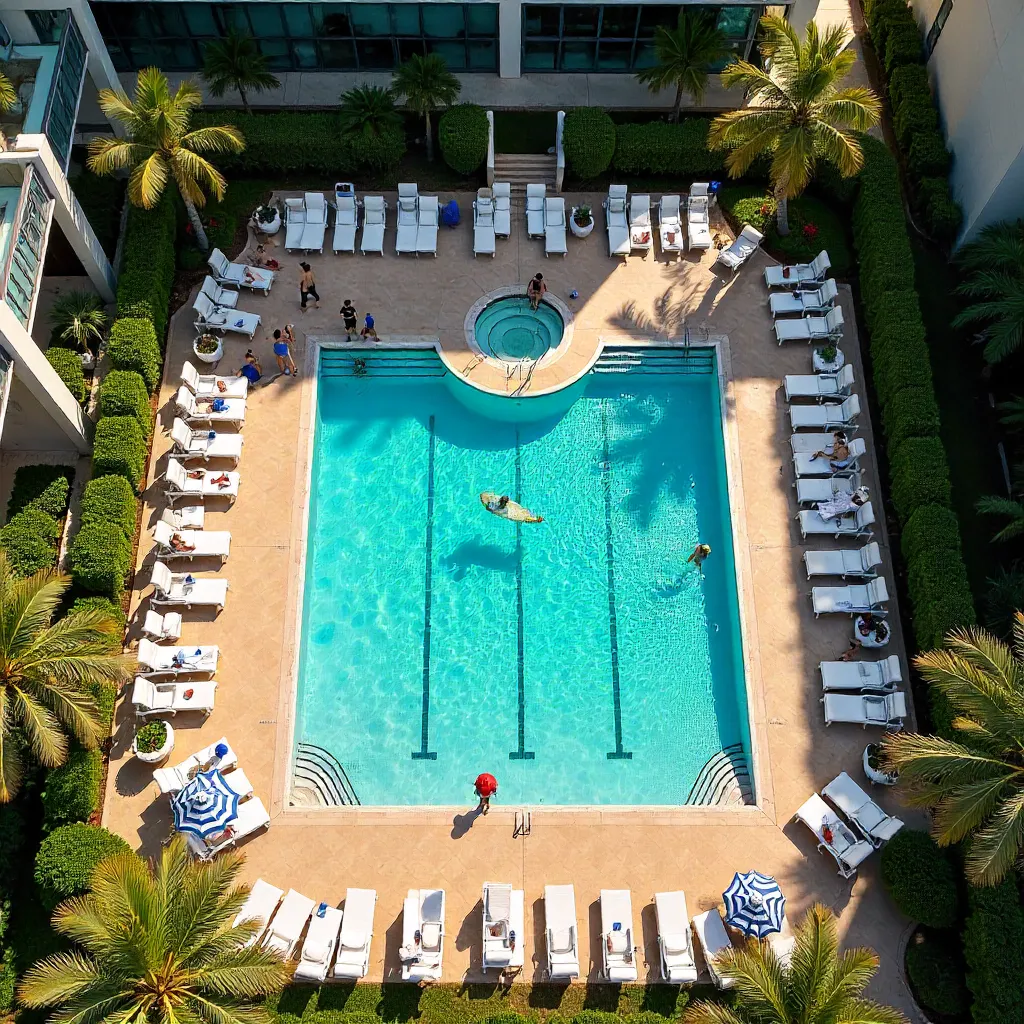 Aerial View of a Bustling Hotel Pool Under Sun