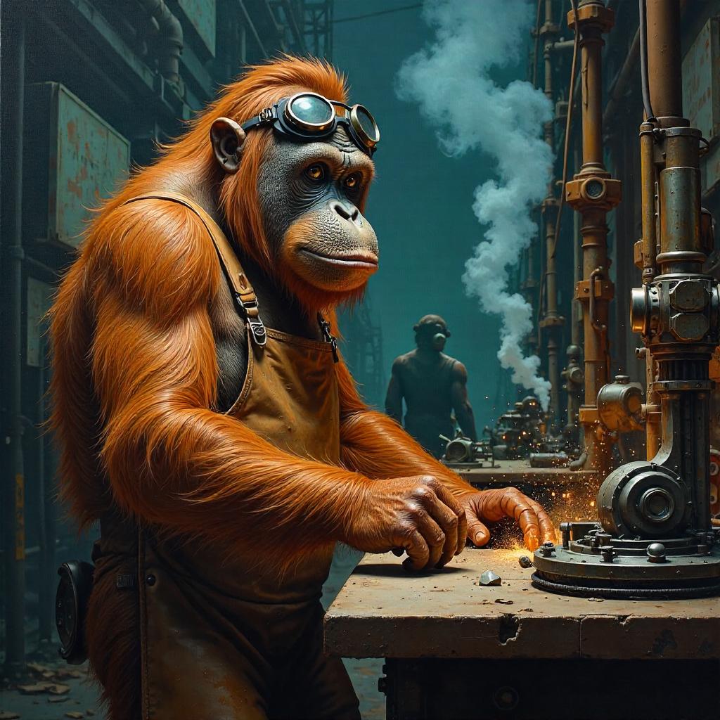 Orangutan in a Robotic Factory — Oil Painting