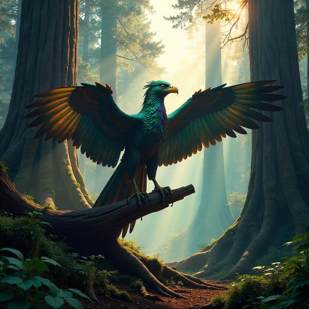 Thunderbird 3D Render in a Majestic Redwood Forest