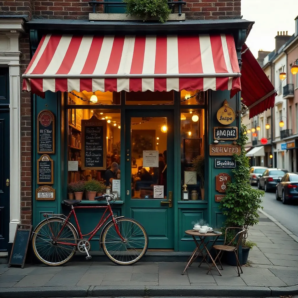Cozy Street Café with Striped Awning and Eclectic Signage
