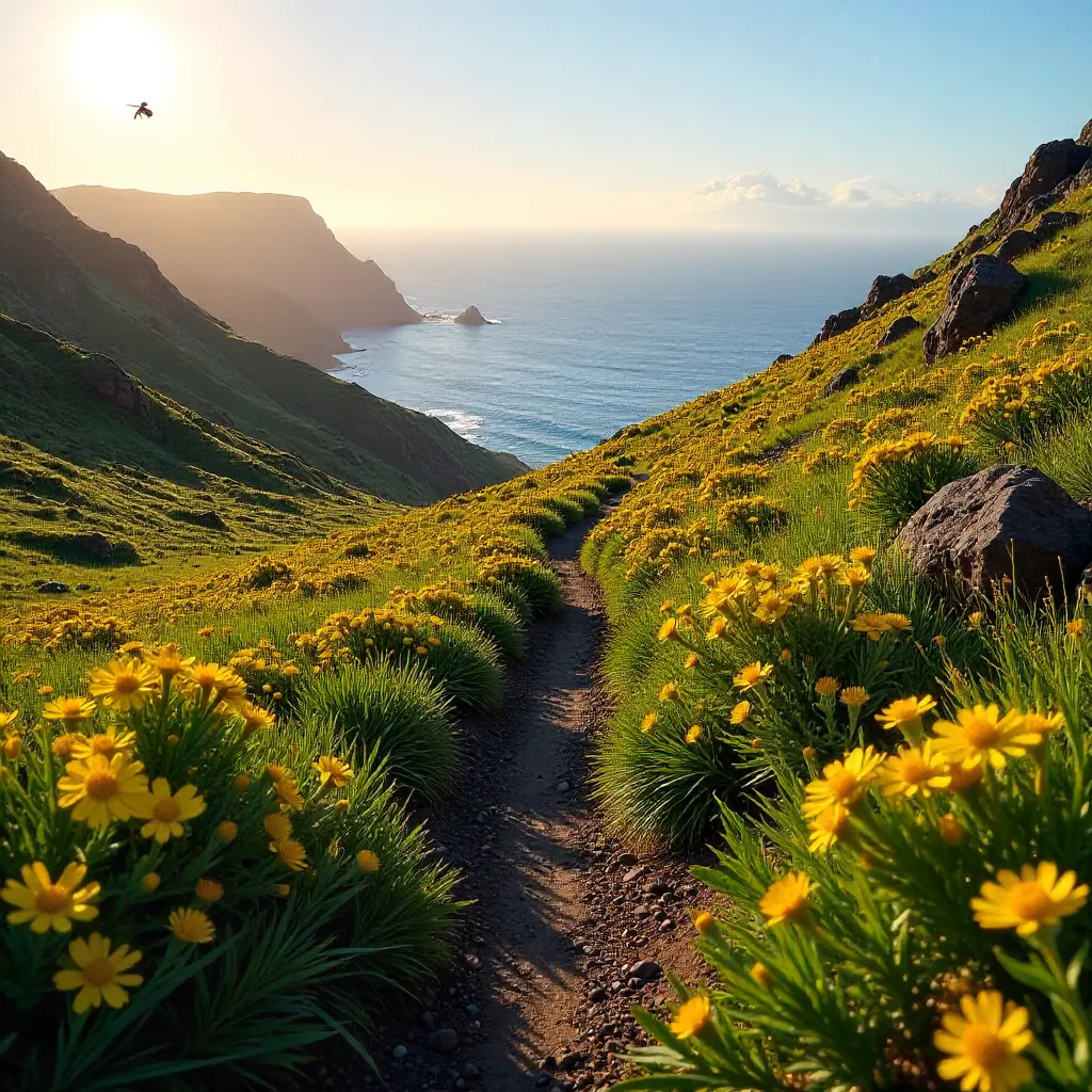 Bright Yellow Wildflowers on Madeira's Scenic Hillside