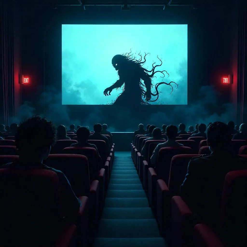 Anime Shadow Creature Lurking in a Dim Movie Theater