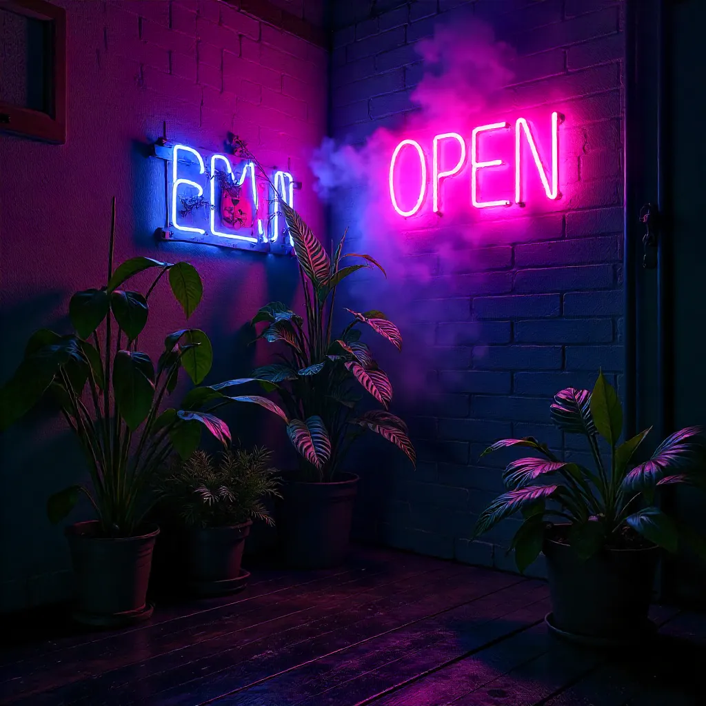 Neon Corner: Moody Plants and Electric Sign