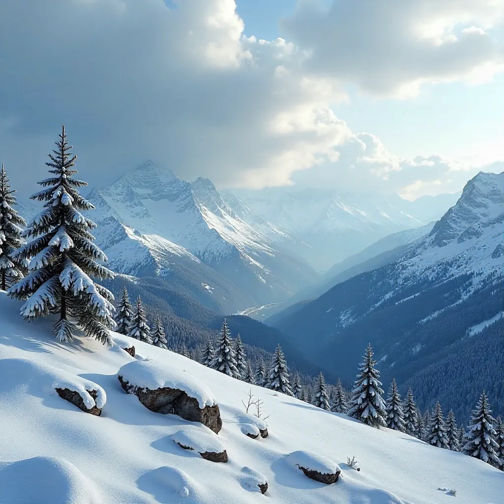 Snow-Capped Peaks Beneath a Moody Cloudscape