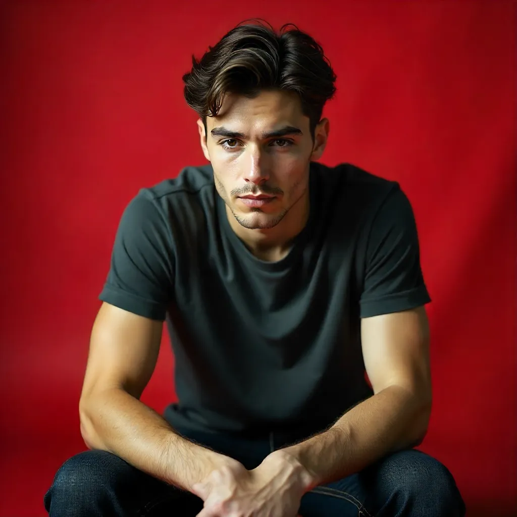 Reflective Moment: Young Man on Red Backdrop