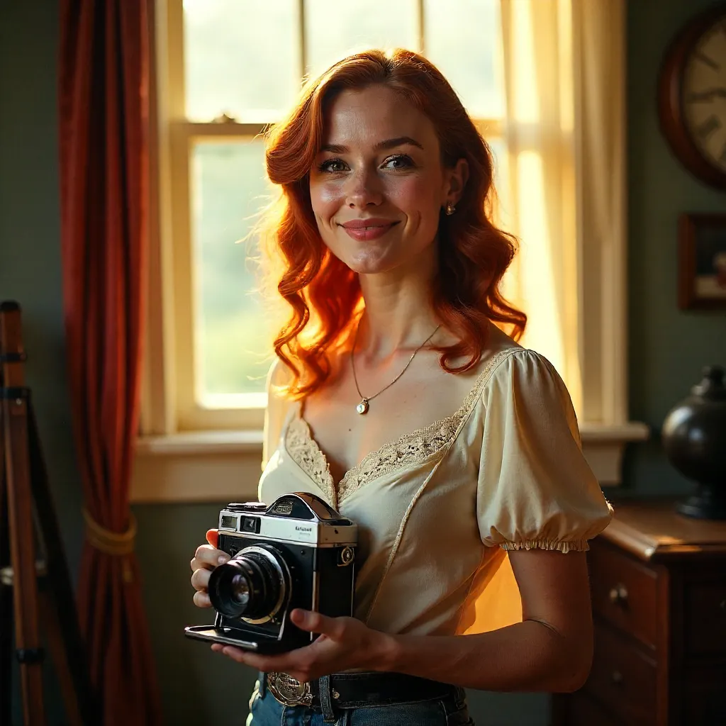 Joyful Redhead with a Rolleicord Camera