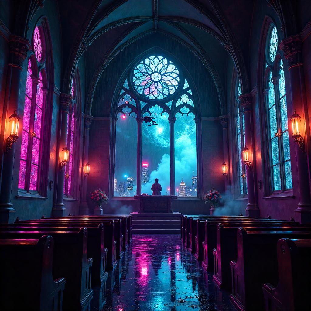 Neon Cyberpunk Hurricane in a Sacred Chapel