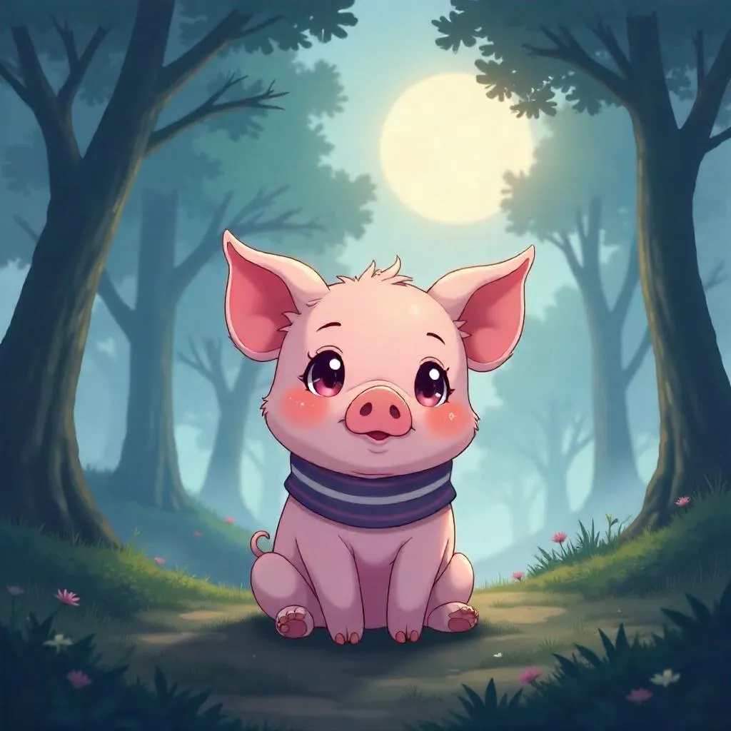 Misty Night Pig: An Anime-Style Forest in Dense Fog