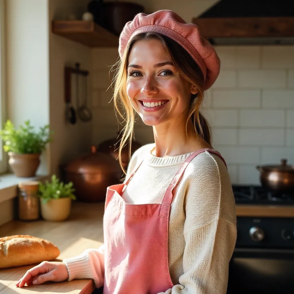 Beaming Woman in a Pink Beret in a Cozy Kitchen