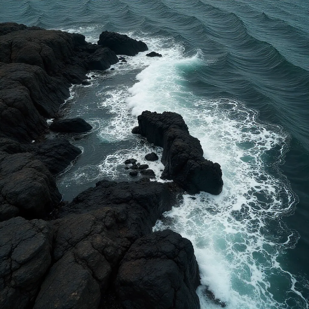 Aerial Noir: Dark Waves on Rugged Black Shore