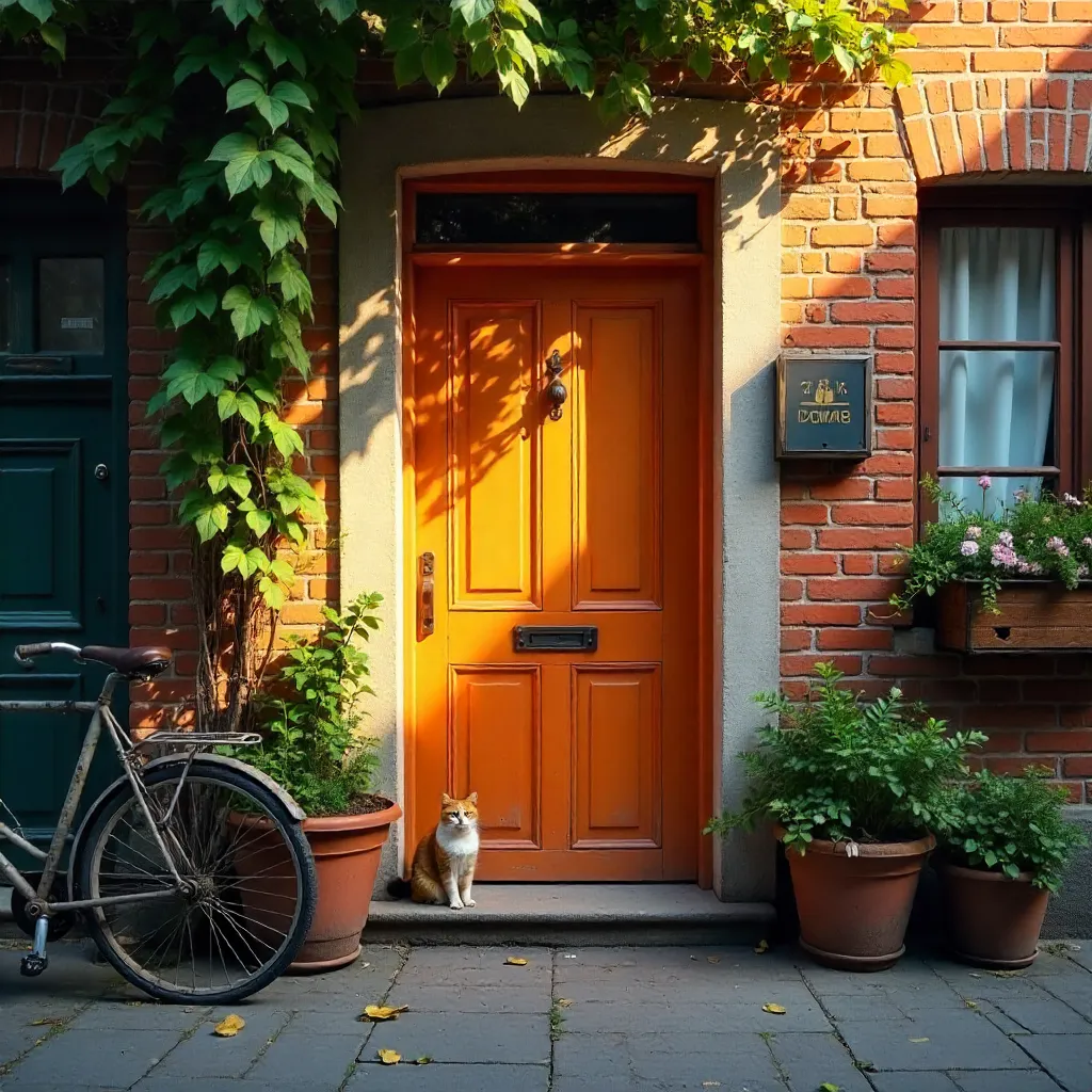 Urban Charm: Cat by an Orange Door in a Lush Alley