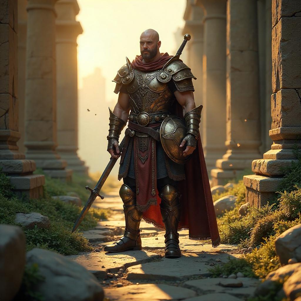 Warrior Among Temple Ruins: A 3D Render