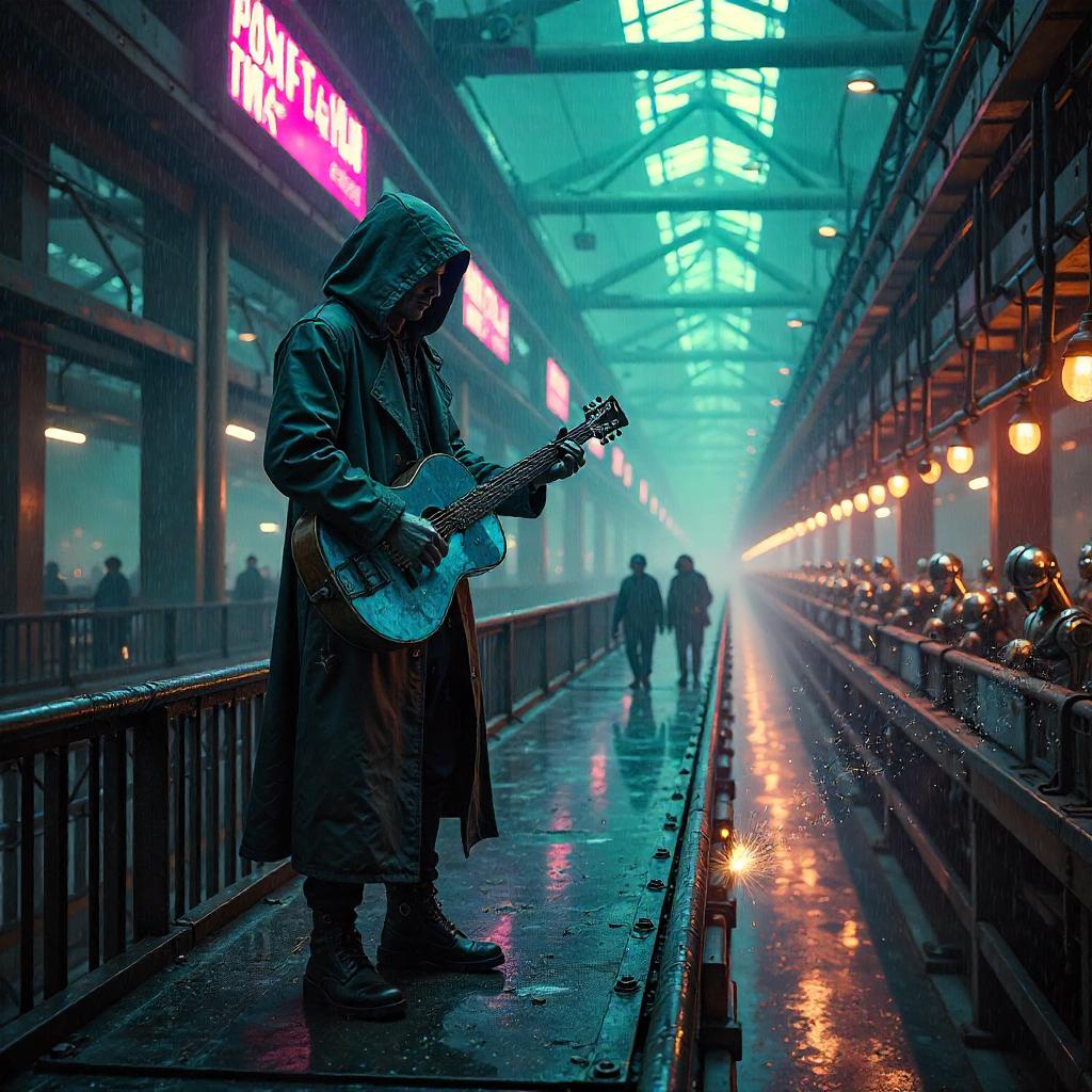 Bard in a Neon Robot Factory