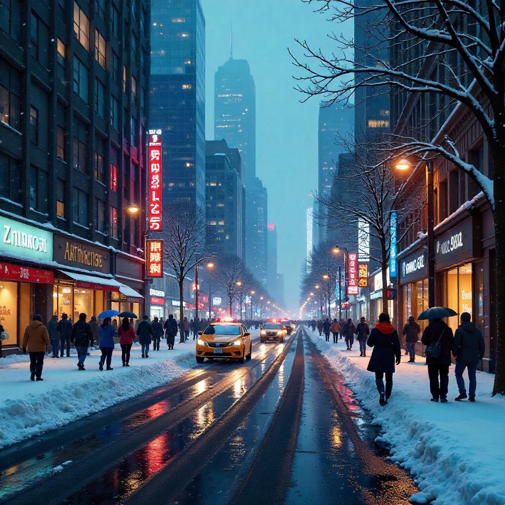 Snowy City Street: Neon Concept Art Scene