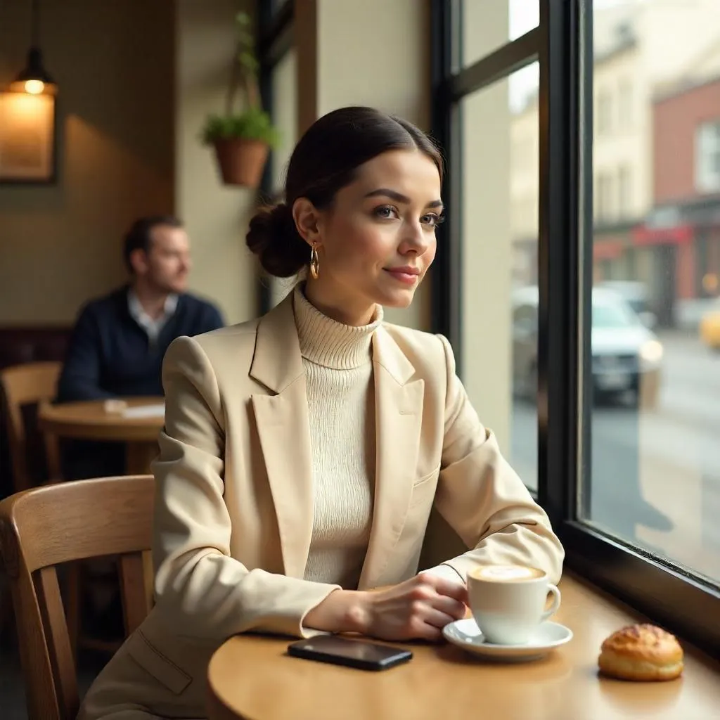 Stylish White Woman in a Cozy Café