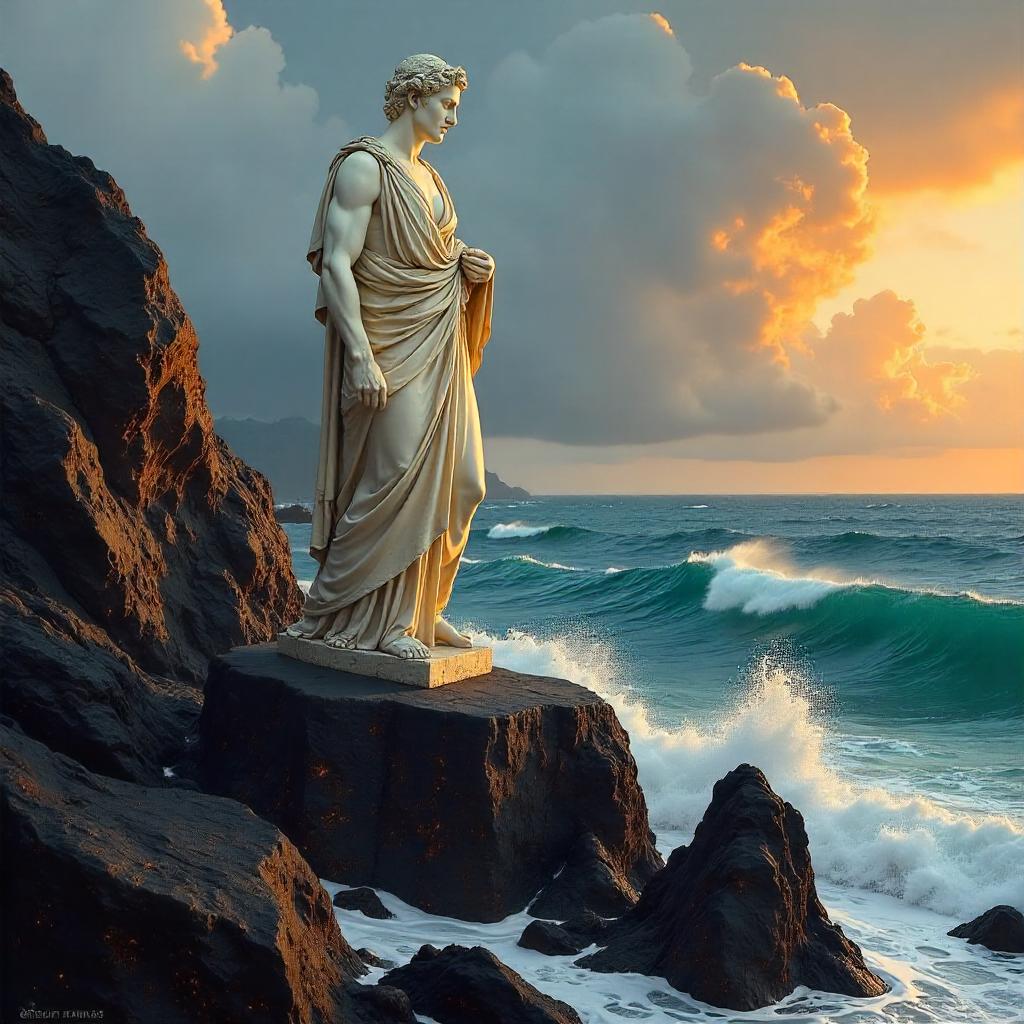 Statue on Volcanic Rocks in Oil Painting