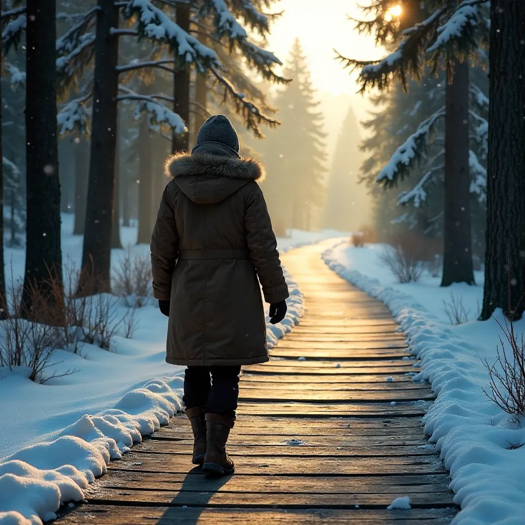 Solitary Traveler on a Snowy Wooden Path