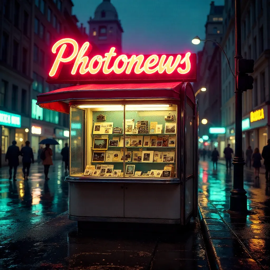 Neon Vintage Photonews Kiosk at Night