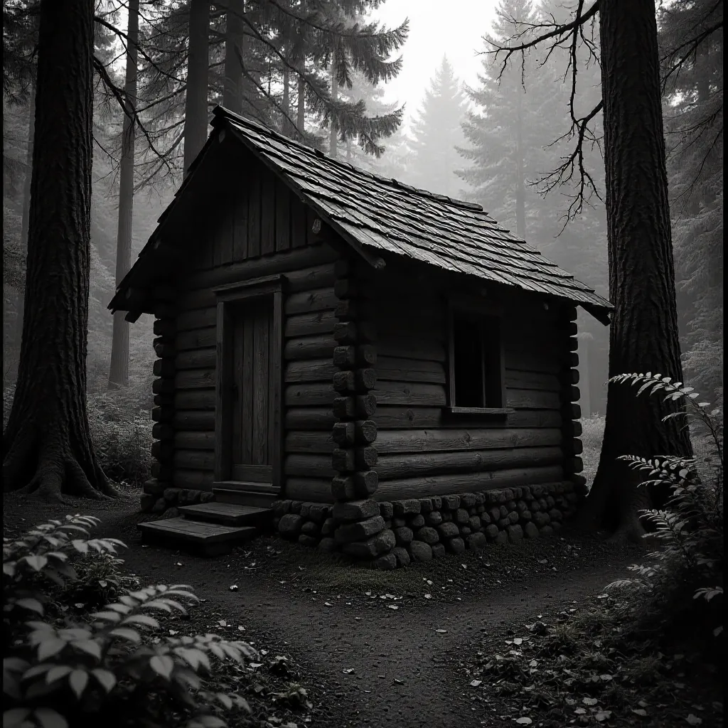 Monochrome Rustic Hut Amid Forest Backdrop