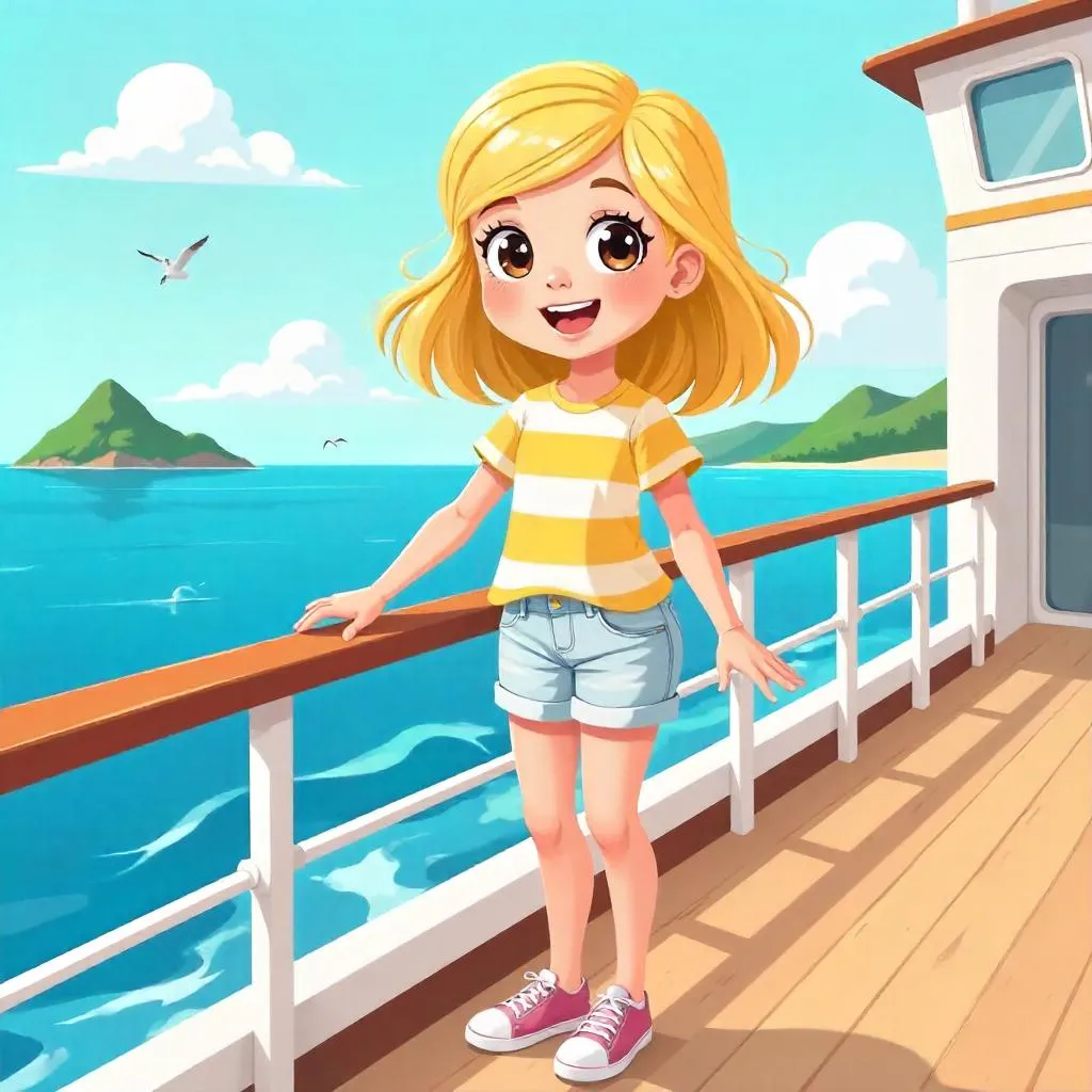 Cheerful Cartoon Cruise Deck Girl