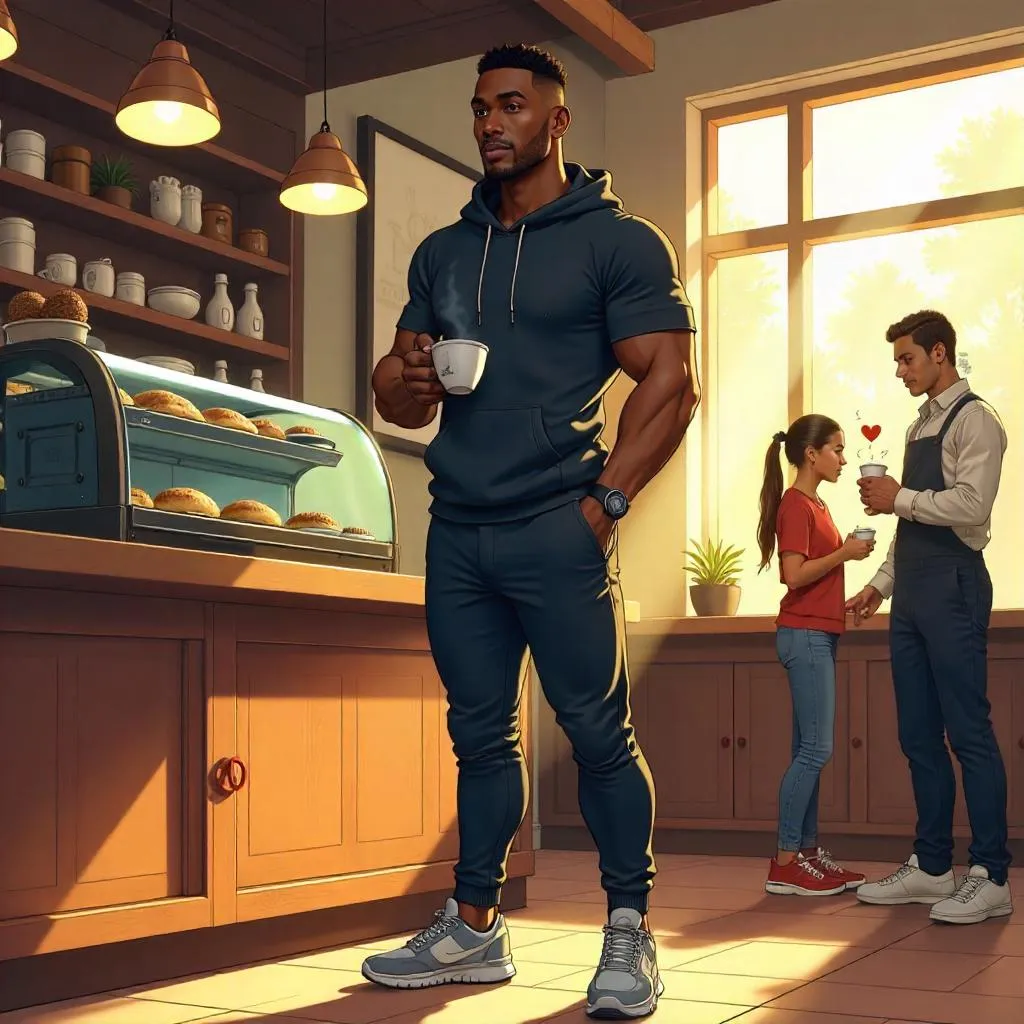 Athletic Black Man in a Cozy Anime Café