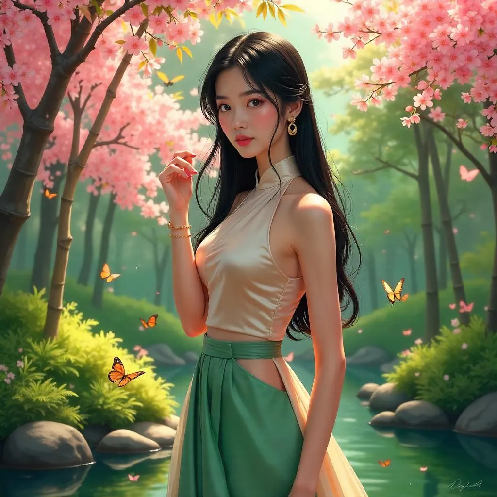 Stylish Asian Woman in a Garden - Digital Art