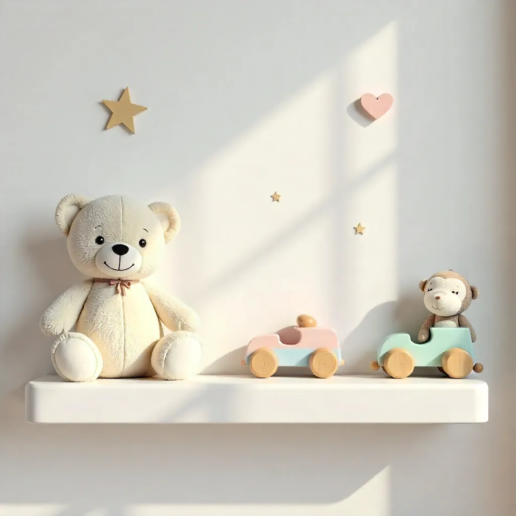 Cute Plush Teddy and Monkey with Wooden Cars on White Shelf