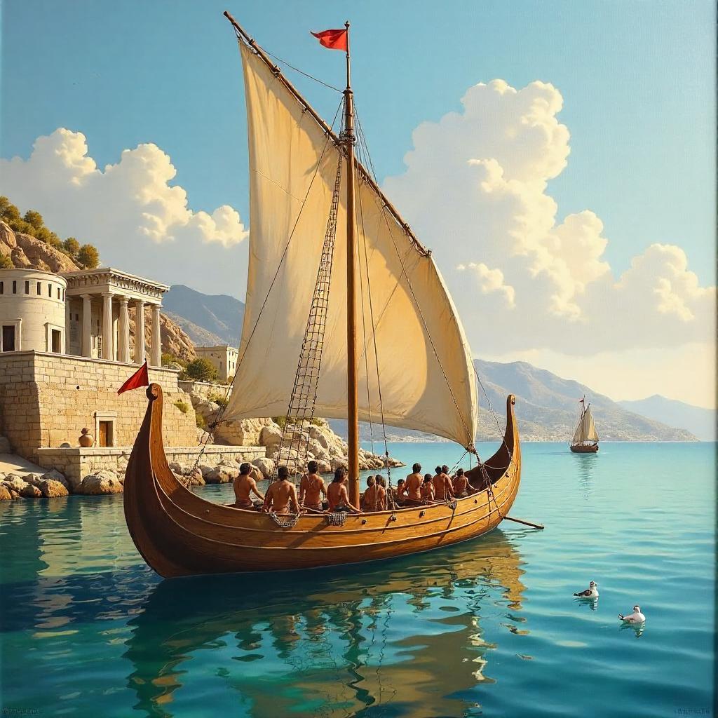 Oil Painting of a Greek Sailing Trireme in Harbor