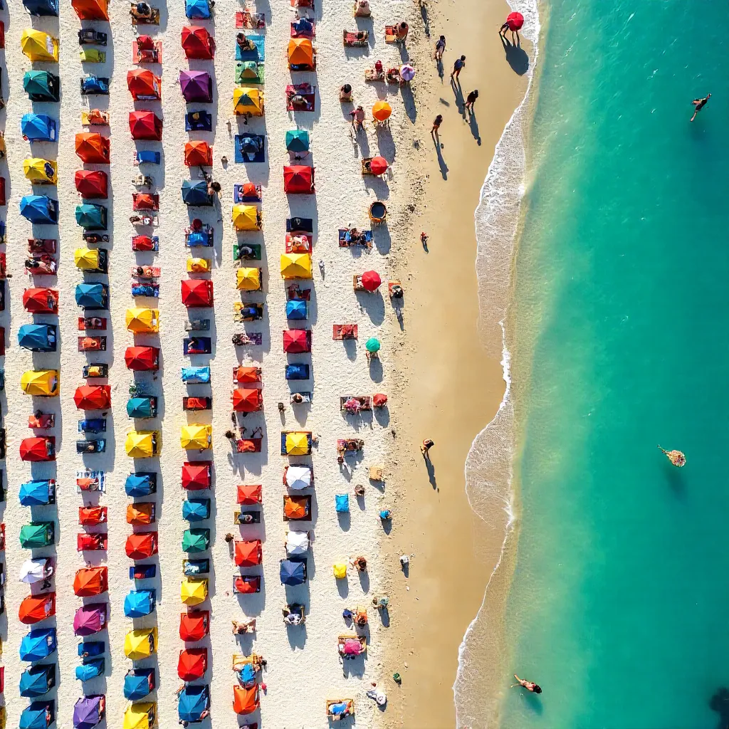 Aerial View of Rows of Colorful Beach Tents