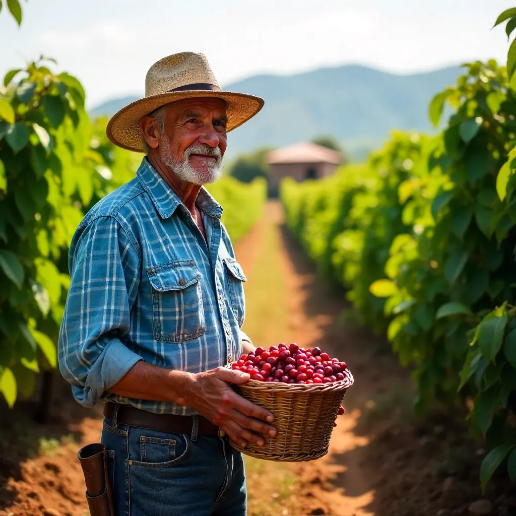 Sunny Mexican Coffee Farm: Elderly Farmer with Basket