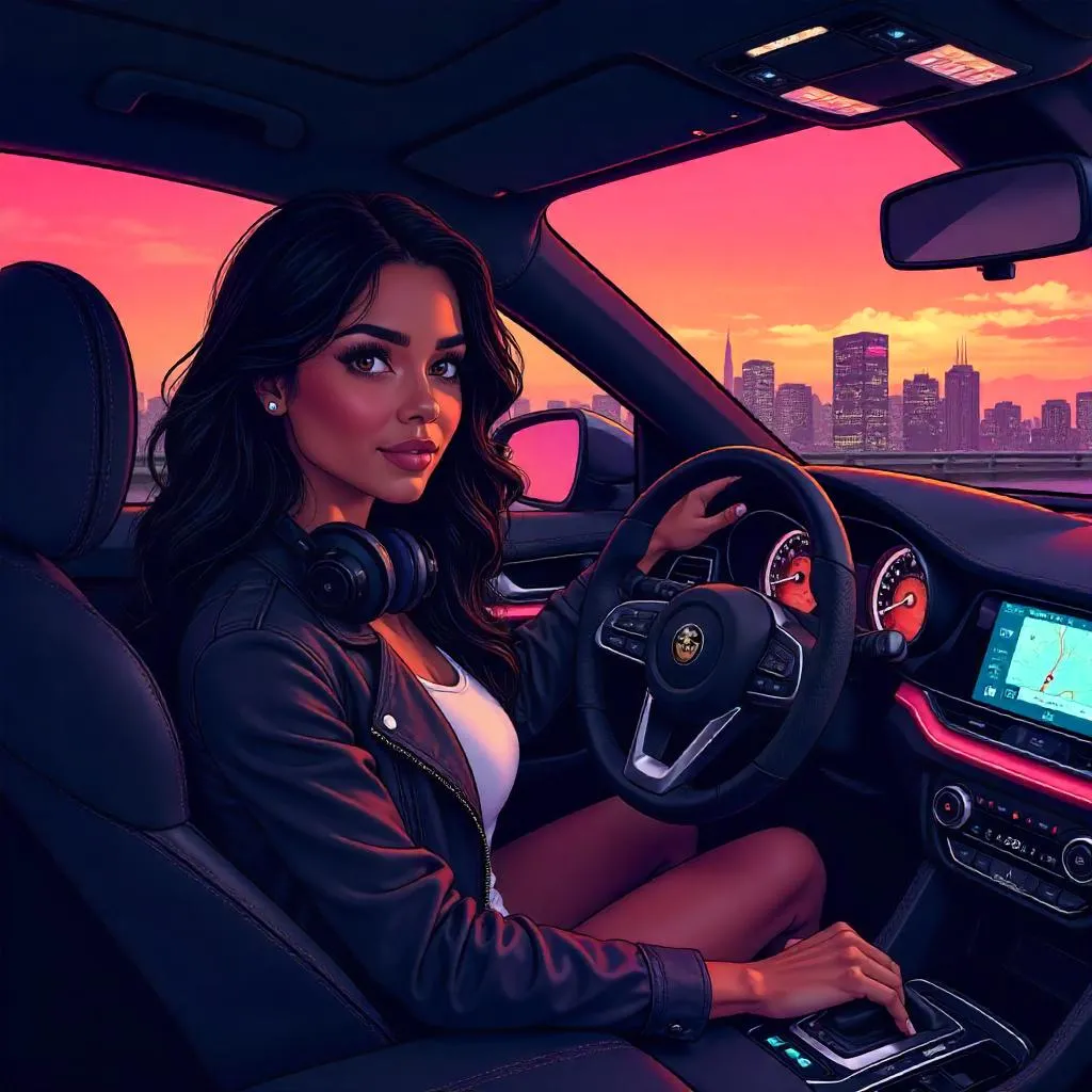 Latina Anime Woman in a Neon City Car