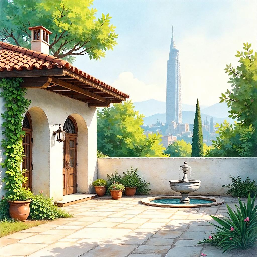 Watercolor Skyscraper Seen from a Quiet Villa