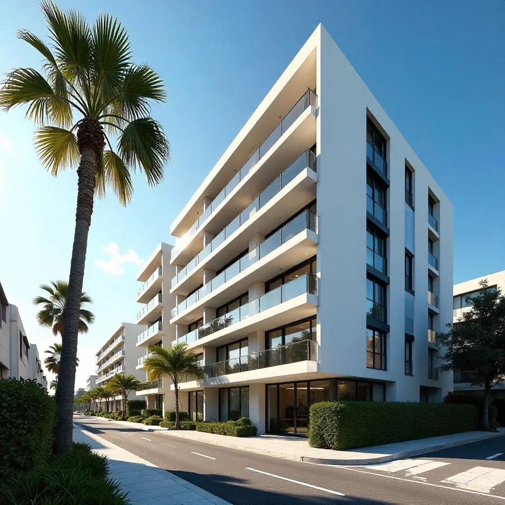 Sunny Day View: Modern Apartment with Palm Tree