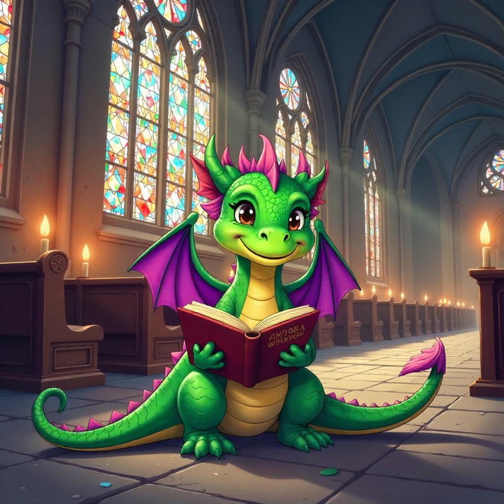 Friendly Cartoon Dragon in a Grand Cathedral