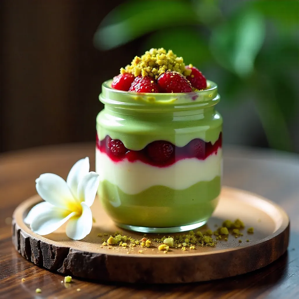 Layered Matcha Dessert Jar on a Rustic Board