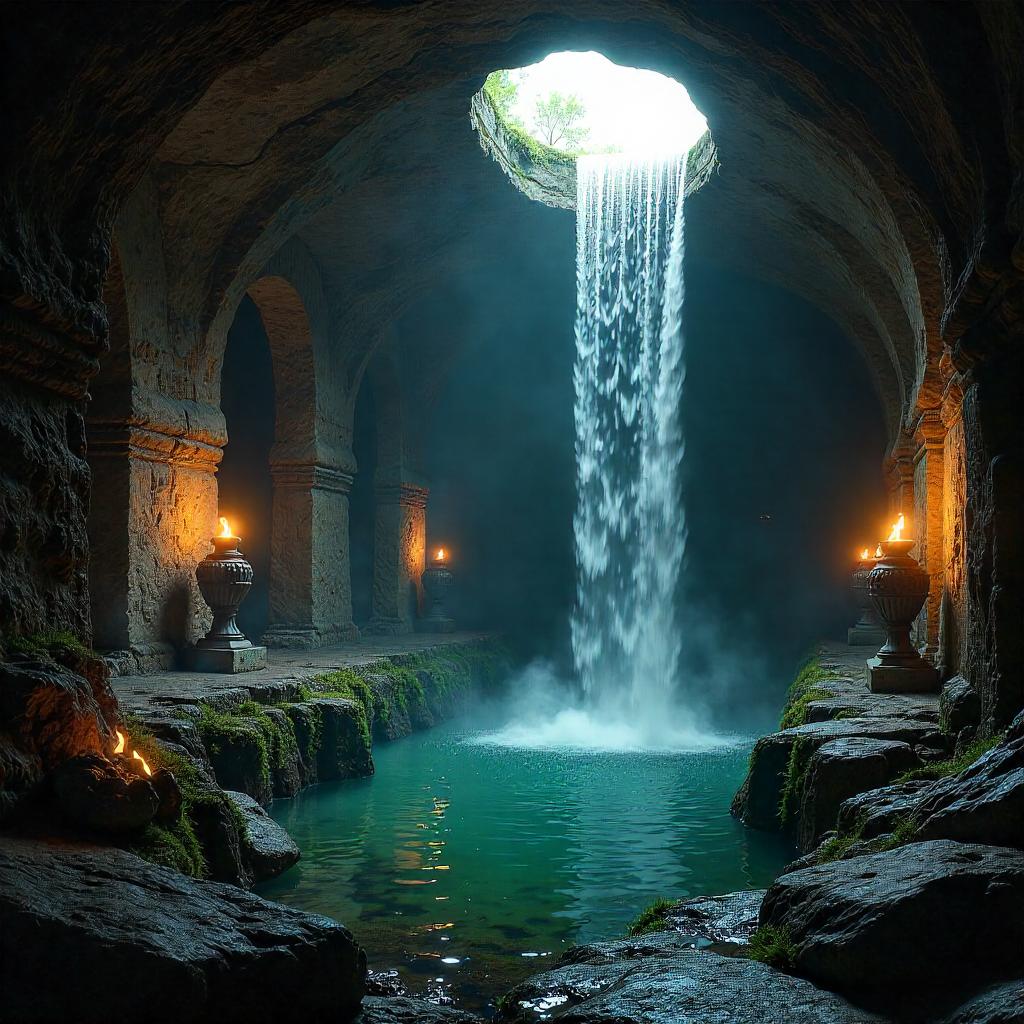 Photorealistic Waterfall Cascading Inside an Ancient Crypt