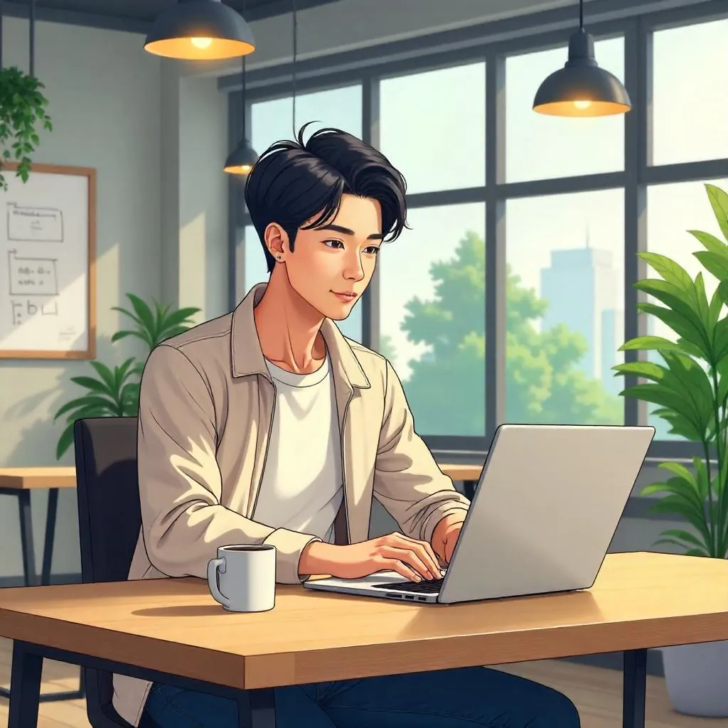 Anime Style: Young Asian Man in a Modern Coworking Space