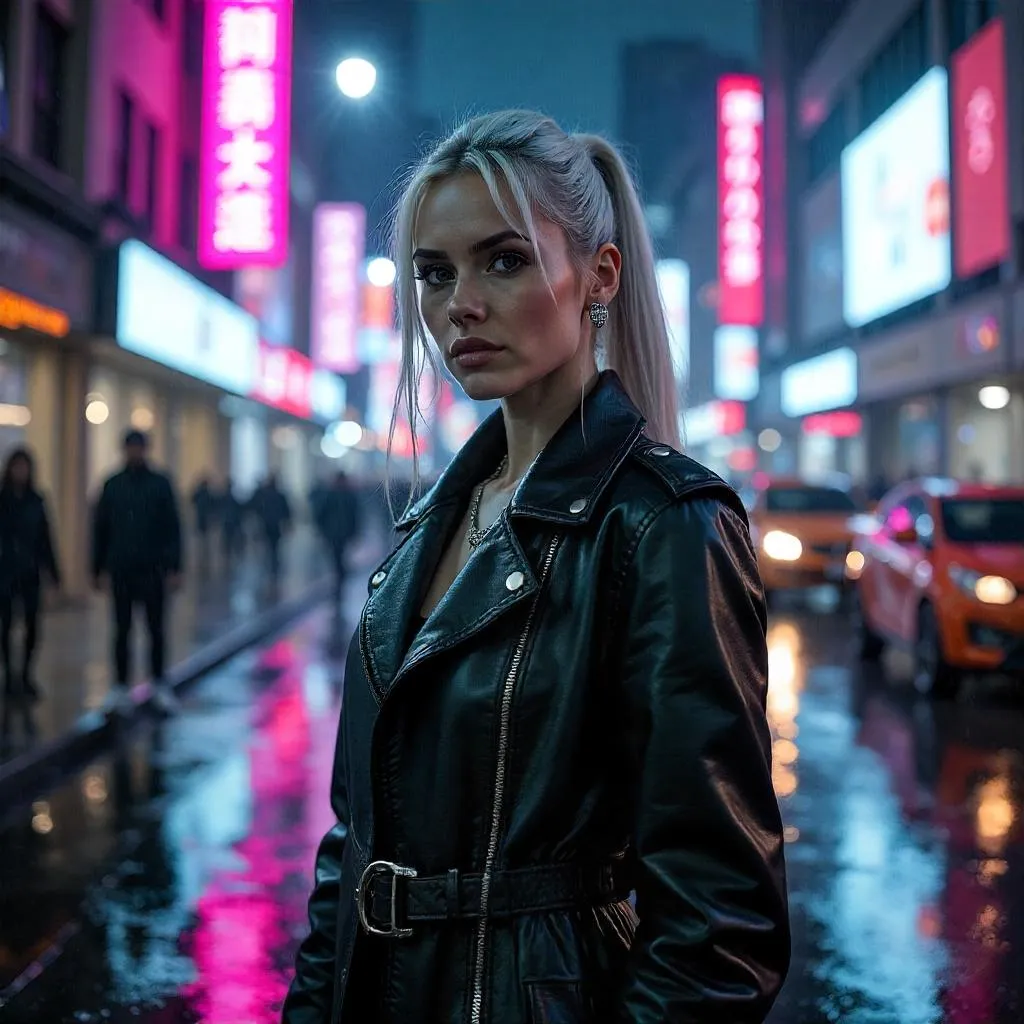 Confident White Woman in Neon Cyberpunk Downtown